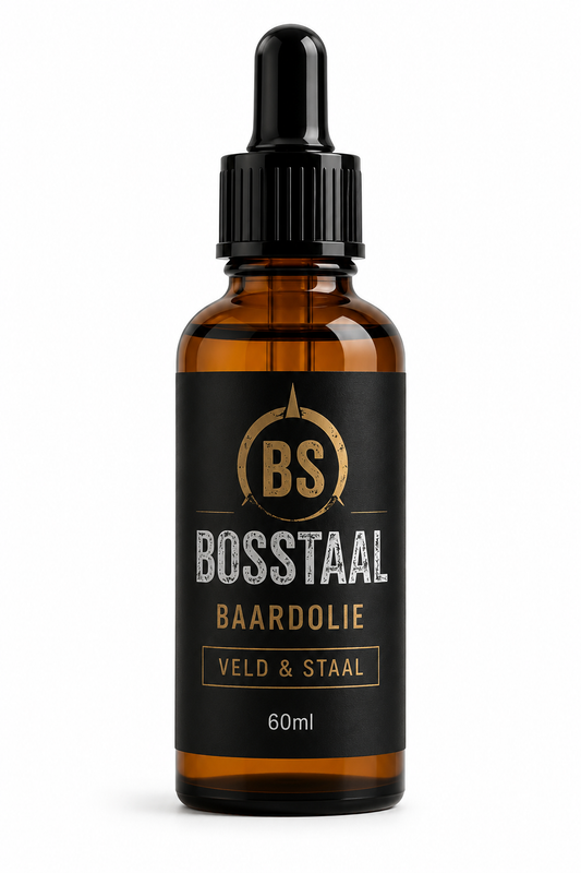 BosStaal Baardolie Veld & Staal 60ml bottel en boks op wit agtergrond