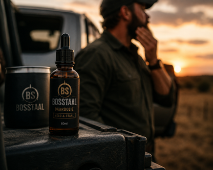 BosStaal Baardolie boks en bottel lifestyle donker agtergrond