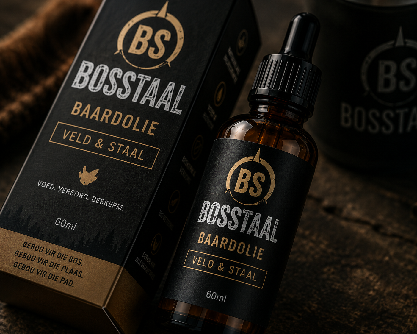 Man gebruik BosStaal Baardolie buite by voertuig