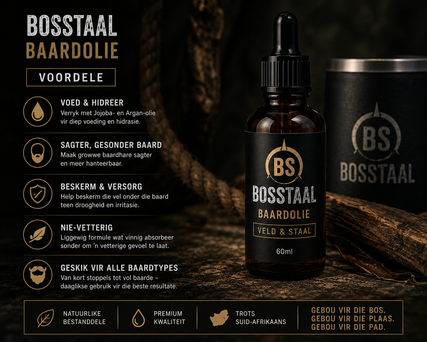 BosStaal Baardolie bottel oop met dropper op hout